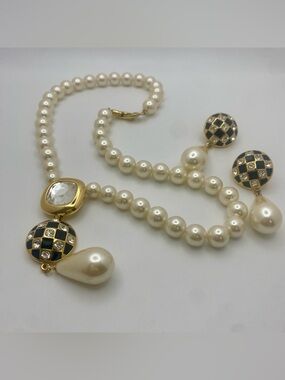 Vintage Faux Pearl Necklace & Earring Set - Black Checkered Enamel